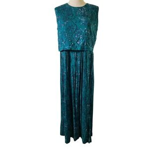 Vintage Karin Stevens Dress Womens 8 Teal Floral Sleeveless Midi 90s